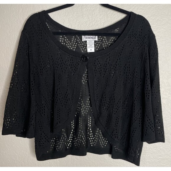 Vintage Periwinkle Size 2X‎ Black Open Cardigan Top Eyelet 3/4 Sleeve Preppy - Picture 1 of 6